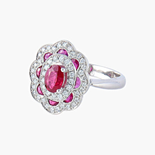 Bague 54 Bague style 1900 en or blanc 18K, rubis et diamants 58 Facettes AB218
