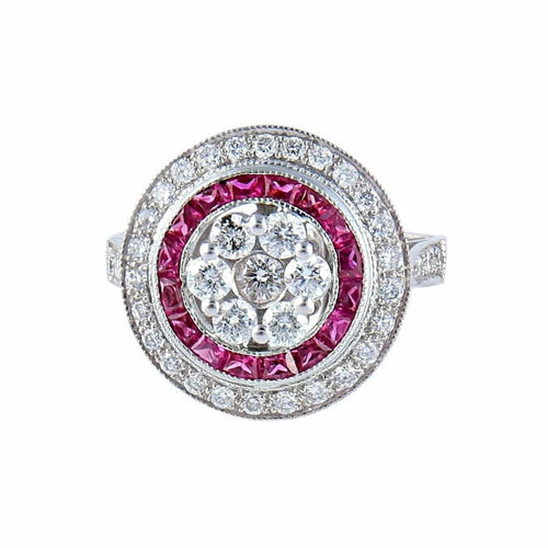 Bague 57 Bague style Art déco en or blanc 18K avec diamants et rubis 58 Facettes