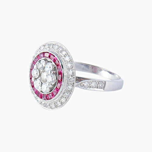 Bague 57 Bague style Art déco en or blanc 18K avec diamants et rubis 58 Facettes