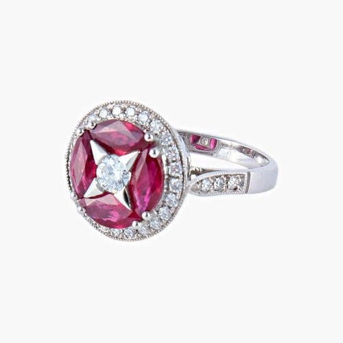 Bague 52 Bague étoile Art déco en or blanc 18K, rubis et diamants 58 Facettes AB66