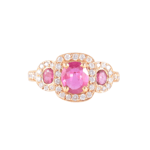 Bague 51 Bague trilogie épaulée en or jaune, rubis et diamants 58 Facettes AB127
