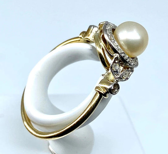 Bague 58 Bague en or jaune 18 carats avec perle et diamants 58 Facettes AB84