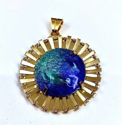 Pendentif H. Marty Limoges - Pendentif soleil en or jaune 18 carats et émail bleu 58 Facettes AB114