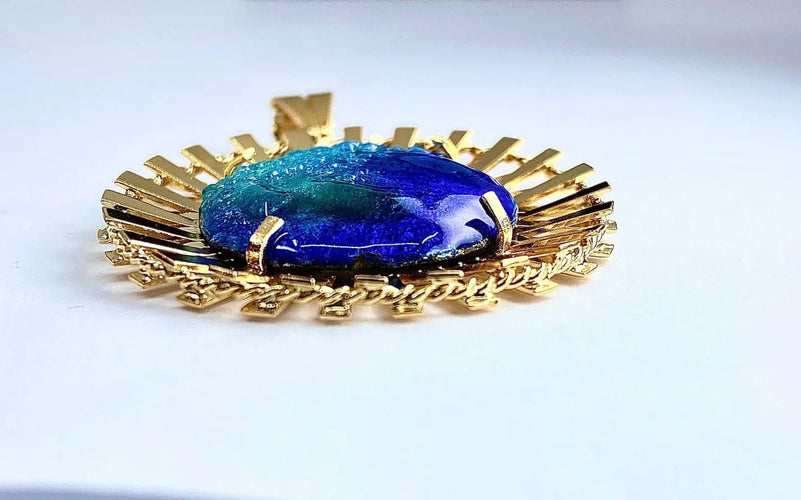 Pendentif H. Marty Limoges - Pendentif soleil en or jaune 18 carats et émail bleu 58 Facettes AB114