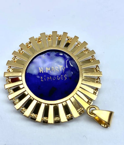 Pendentif H. Marty Limoges - Pendentif soleil en or jaune 18 carats et émail bleu 58 Facettes AB114