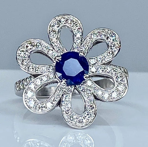 Bague 51 Bague fleur en or jaune 18 carats saphir et diamants 58 Facettes AB156