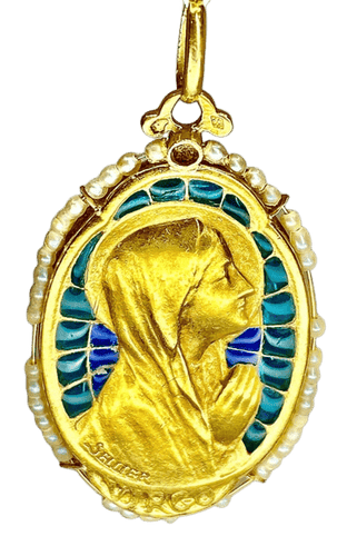 Pendentif SELLIER - Médaille Vierge en or jaune 18 carats, émail et perles fines 58 Facettes AB164