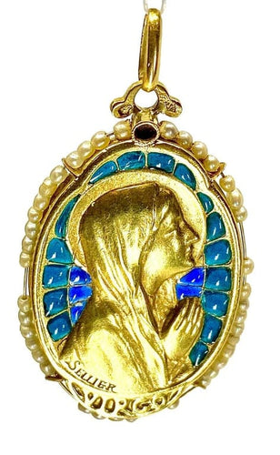Pendentif SELLIER - Médaille Vierge en or jaune 18 carats, émail et perles fines 58 Facettes AB164