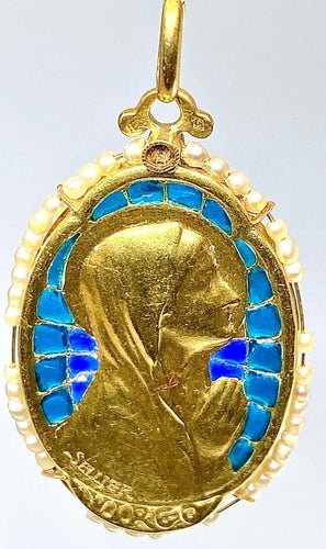 Pendentif SELLIER - Médaille Vierge en or jaune 18 carats, émail et perles fines 58 Facettes AB164