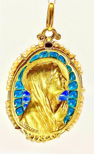Pendentif SELLIER - Médaille Vierge en or jaune 18 carats, émail et perles fines 58 Facettes AB164