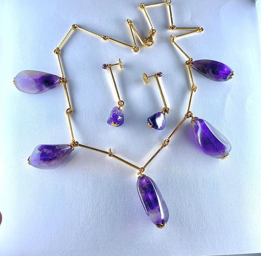 Boucles d'oreilles Parure - Collier et boucles d’oreilles en or jaune 18 carats et améthystes 58 Facettes AB173