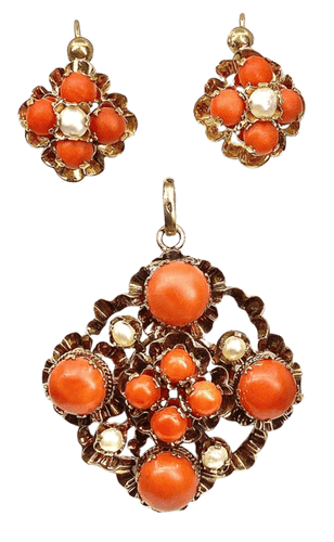 Boucles d'oreilles Parure Napoléon III - Pendentif et boucles d’oreilles en or jaune, corail et perles fines 58 Facettes AB185