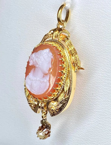 Pendentif Broche pendentif camée et perles en or jaune 18 carats 58 Facettes AB188