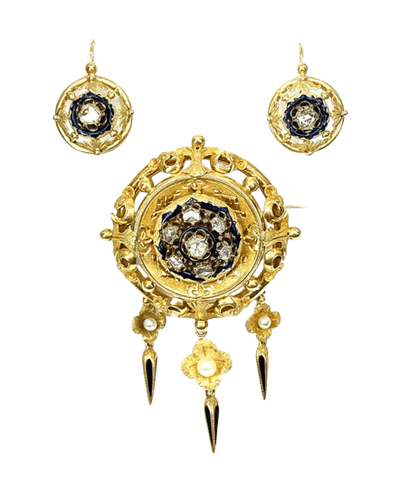 Boucles d'oreilles Parure Napoléon III - Broche et boucles d’oreilles en or 18 carats, diamants et perles 58 Facettes AB186