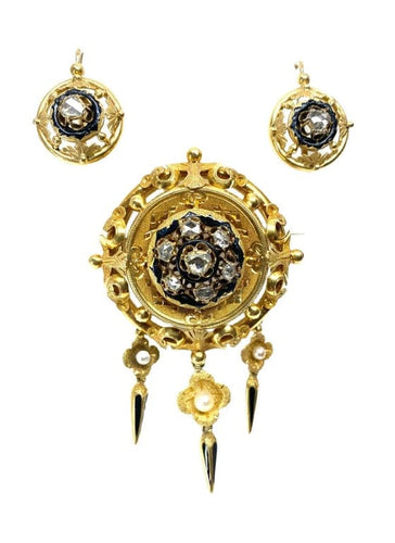Boucles d'oreilles Parure Napoléon III - Broche et boucles d’oreilles en or 18 carats, diamants et perles 58 Facettes AB186