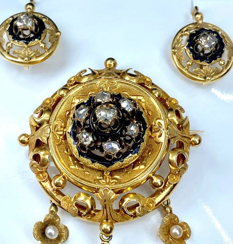 Boucles d'oreilles Parure Napoléon III - Broche et boucles d’oreilles en or 18 carats, diamants et perles 58 Facettes AB186