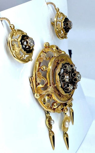 Boucles d'oreilles Parure Napoléon III - Broche et boucles d’oreilles en or 18 carats, diamants et perles 58 Facettes AB186