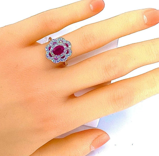 Bague 51 Bague marguerite en or blanc 18 carats rubis et diamants 58 Facettes AB218