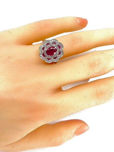 Bague 51 Bague marguerite en or blanc 18 carats rubis et diamants 58 Facettes AB218