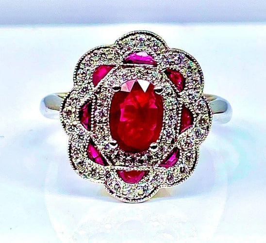 Bague 51 Bague marguerite en or blanc 18 carats rubis et diamants 58 Facettes AB218