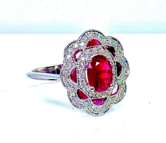 Bague 51 Bague marguerite en or blanc 18 carats rubis et diamants 58 Facettes AB218