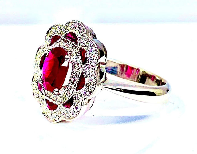 Bague 51 Bague marguerite en or blanc 18 carats rubis et diamants 58 Facettes AB218