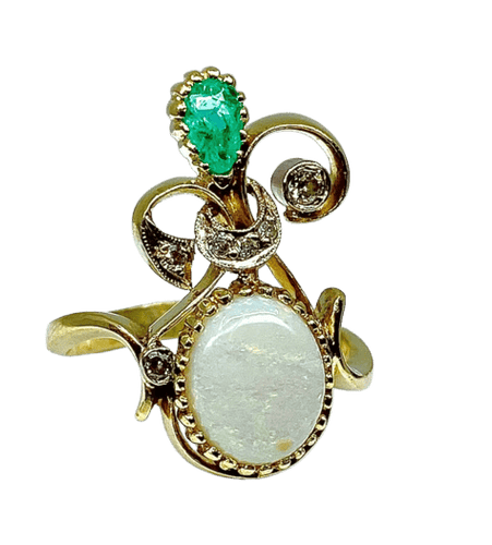 Bague 56 Bague en or jaune et or blanc 18 carats, opale, émeraude et diamants 58 Facettes AB226