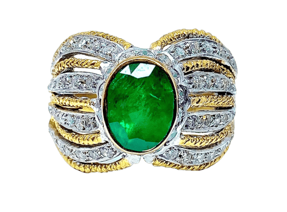 Bague 58 Bague en or jaune et blanc 18 carats avec émeraude et diamants 58 Facettes AB228