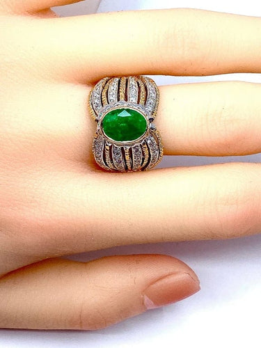 Bague 58 Bague en or jaune et blanc 18 carats avec émeraude et diamants 58 Facettes AB228