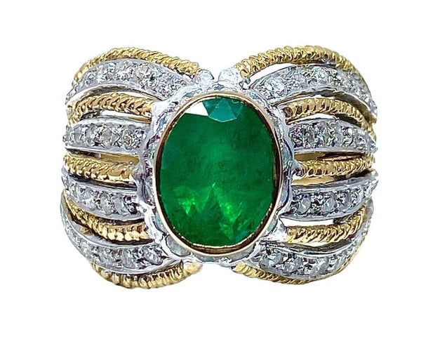 Bague 58 Bague en or jaune et blanc 18 carats avec émeraude et diamants 58 Facettes AB228