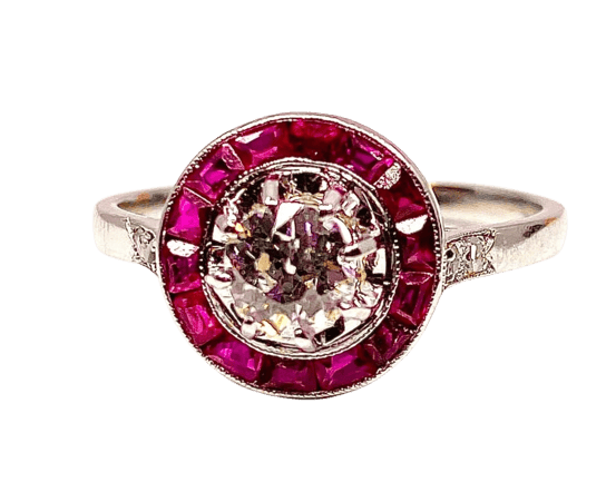 Bague 53 Bague en or blanc 18 carats avec diamant taille ancienne et rubis 58 Facettes AB242