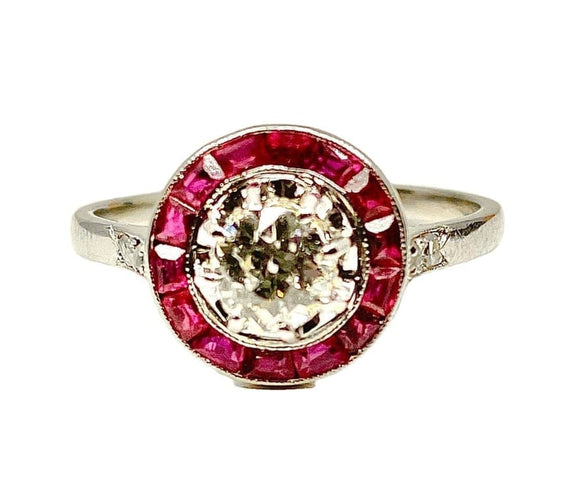 Bague 53 Bague en or blanc 18 carats avec diamant taille ancienne et rubis 58 Facettes AB242