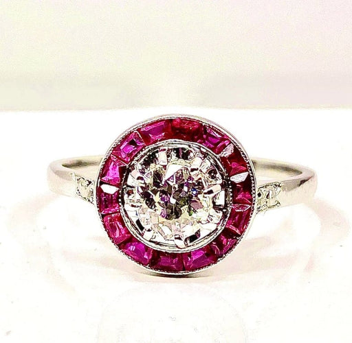 Bague 53 Bague en or blanc 18 carats avec diamant taille ancienne et rubis 58 Facettes AB242