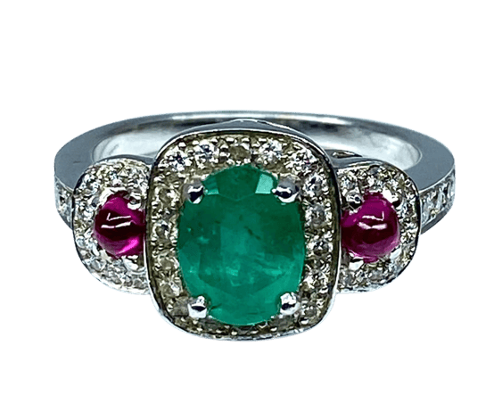 Bague 52 Bague en or blanc 18 carats avec émeraude, rubis et diamants 58 Facettes AB249