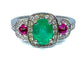 Bague 52 Bague en or blanc 18 carats avec émeraude, rubis et diamants 58 Facettes AB249