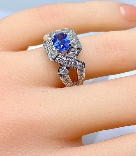 Bague 53 Bague bandeau en or blanc 18 carats, saphir de Ceylan et diamants 58 Facettes AB252