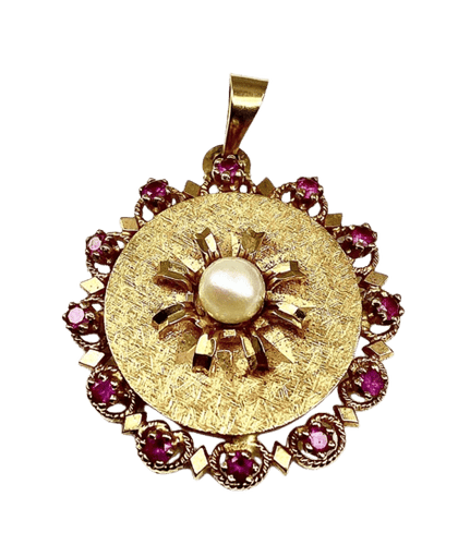 Pendentif Pendentif porte-photo en or jaune 18 carats, perle de culture et pierres rouges 58 Facettes AB307
