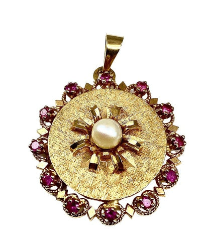 Pendentif Pendentif porte-photo en or jaune 18 carats, perle de culture et pierres rouges 58 Facettes AB307