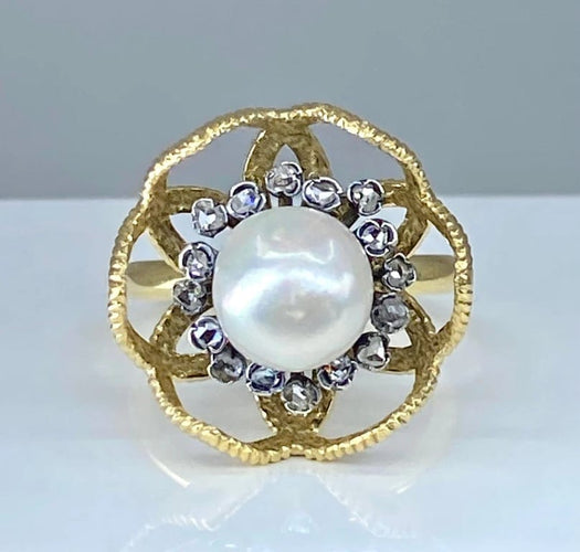 Bague 52 Bague en or 18 carats et argent avec perle fine et diamants 58 Facettes AB348