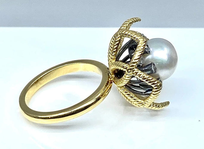 Bague 52 Bague en or 18 carats et argent avec perle fine et diamants 58 Facettes AB348