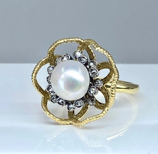 Bague 52 Bague en or 18 carats et argent avec perle fine et diamants 58 Facettes AB348