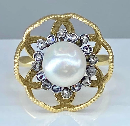 Bague 52 Bague en or 18 carats et argent avec perle fine et diamants 58 Facettes AB348