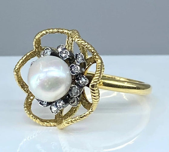 Bague 52 Bague en or 18 carats et argent avec perle fine et diamants 58 Facettes AB348