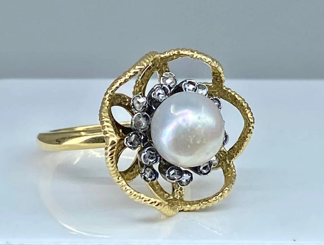 Bague 52 Bague en or 18 carats et argent avec perle fine et diamants 58 Facettes AB348