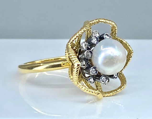 Bague 52 Bague en or 18 carats et argent avec perle fine et diamants 58 Facettes AB348