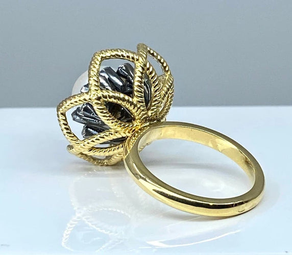 Bague 52 Bague en or 18 carats et argent avec perle fine et diamants 58 Facettes AB348