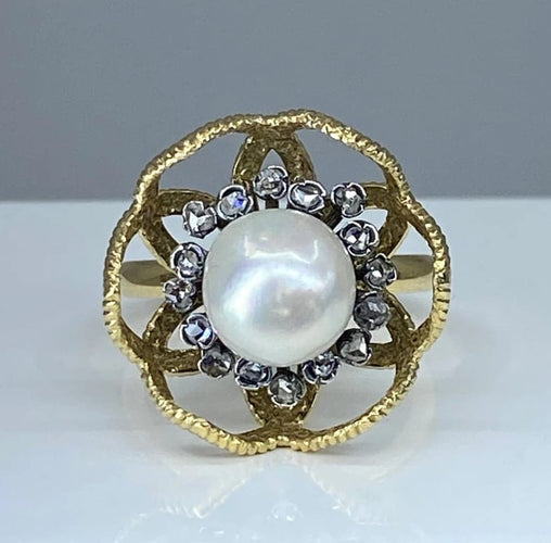Bague 52 Bague en or 18 carats et argent avec perle fine et diamants 58 Facettes AB348