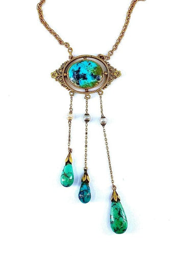 Collier Collier en or jaune 18 carats avec turquoises et perles fines 58 Facettes AB368
