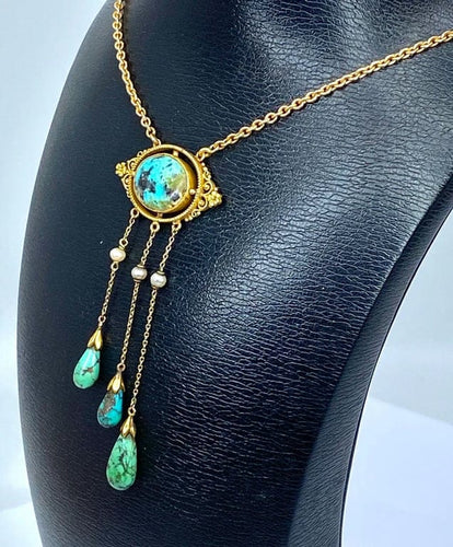 Collier Collier en or jaune 18 carats avec turquoises et perles fines 58 Facettes AB368