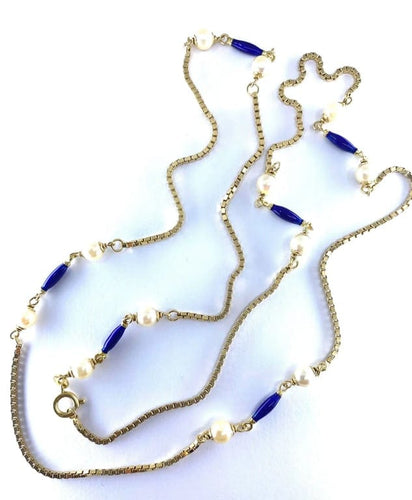 Collier Collier chaîne en or jaune 18 carats, perles et émail bleu 58 Facettes AB377
